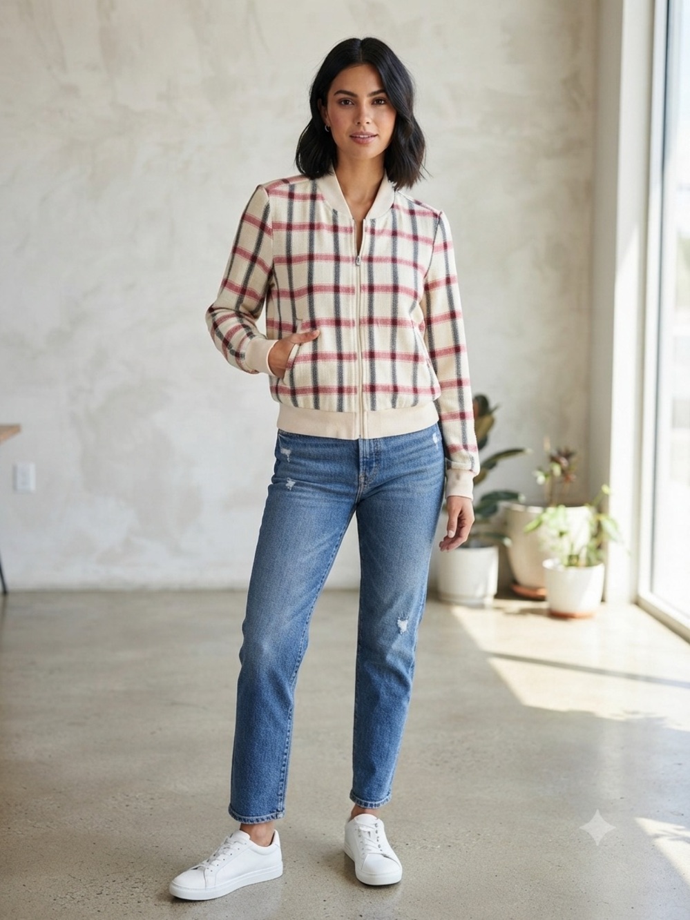 Ashley Stewart cream, red, and black plaid zip-up